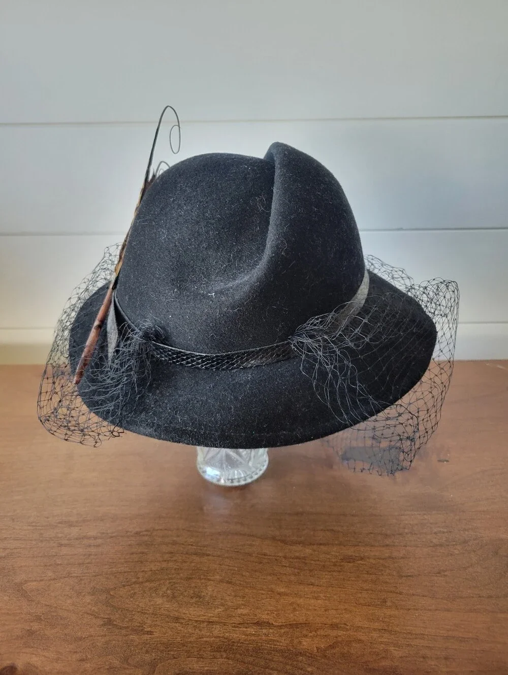 Vtg Adolfo II New York Paris Black Wool Felt Cocktail Hat Birdcage Veil Feather
